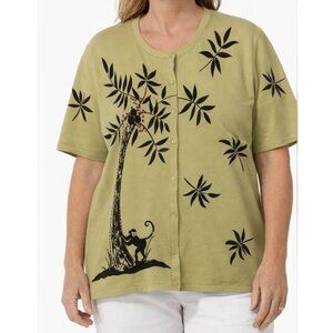 CST Sport Womens Short Sleeve Sweater Size 1X  Green Button Up Monkey Sequins